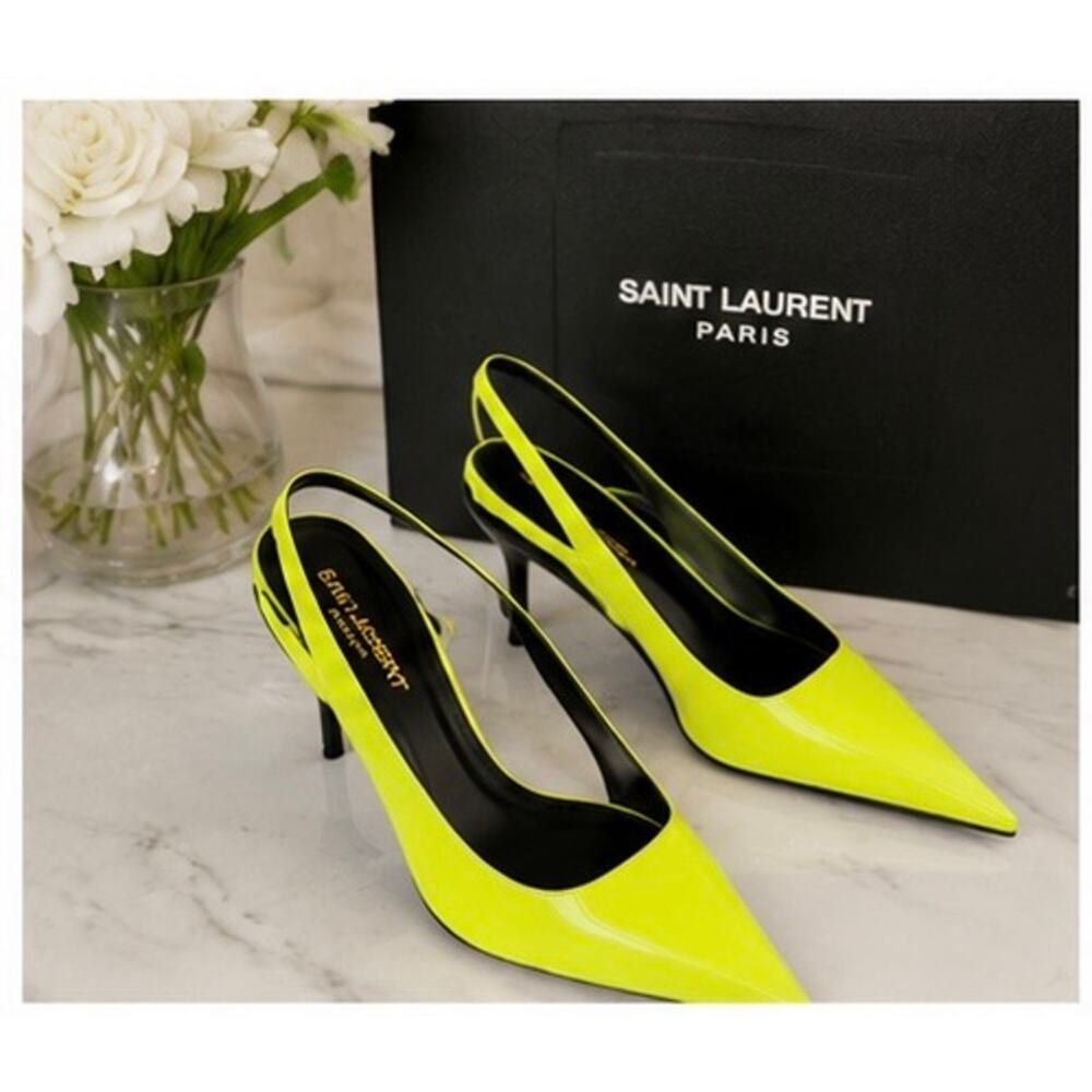 Saint Laurent Paloma Slingback Pumps Neon Yellow Patent Leather EU39 NIB - Picture 2 of 12